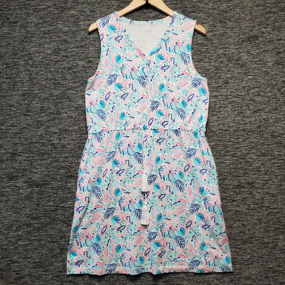 T by Talbots Knit Dress Womens Medium Pink Blue Tropical Floral Tassel Casual